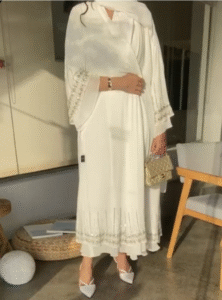 Elegant white abaya with hem embroidery