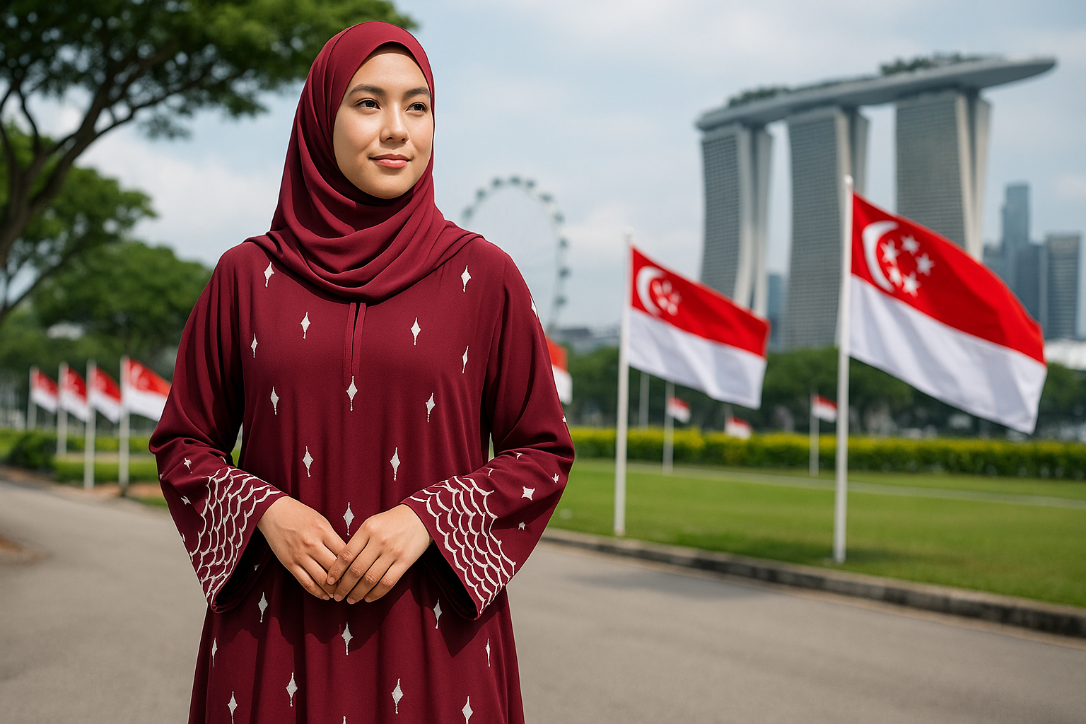 There’s something about that perfect maroon red—the way it catches the light, deep and resonant, not loud but impossible to ignore. Now imagine that hue draped in a flowing abaya, its sleeves and hem traced with crisp white embroidery that dances like mermaid scales rising from the waves of Marina Bay. This National Day week, in honor of SG60, we’ve made it impossible to resist: